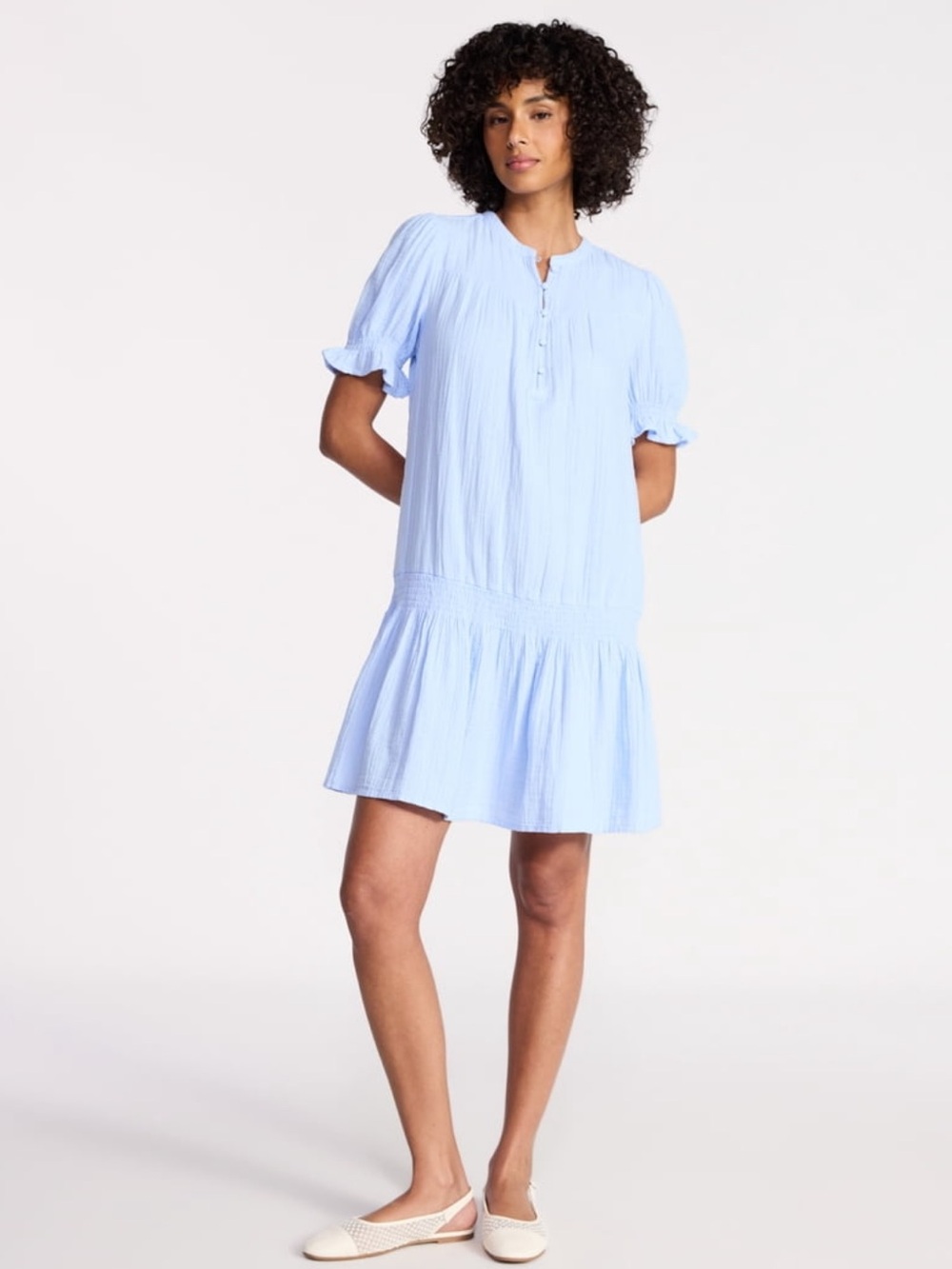 Time and Tru Double Cloth Drop Waist Cotton Mini Dress Light Pastel Blue Size XL